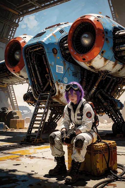 A Vibrant, Sunlit Scene In A Futuristic Repair Hangar. A You...