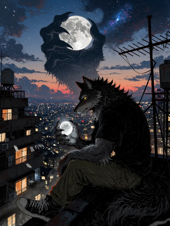A Mature Anthropomorphic Wolf Warrior Sits Alone On The Roof...