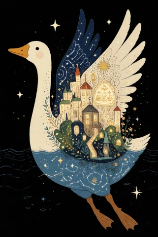 Decodaal , A Colossal Goose Carrying An Illuminated City Acr... — Stable Diffusion AI Prompt: DecoDaal , A colossal goose carrying an illuminated city across its back, conste...