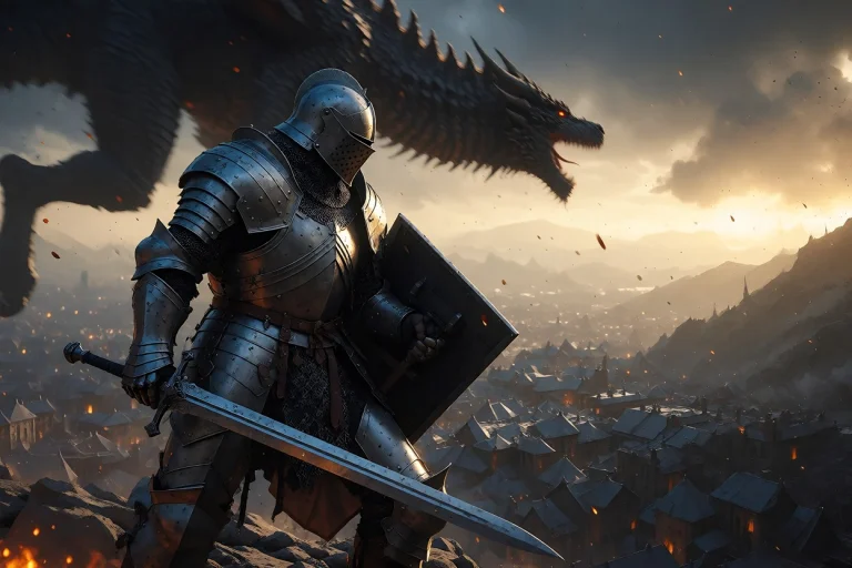 The Image Shows A Knight In Full Armor Holding A Sword And S...