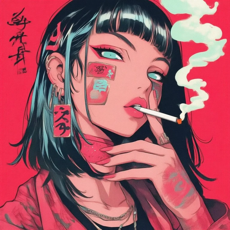 D41z3n, 1girl, Jewelry, Solo, Smoke, Cigarette, Earrings