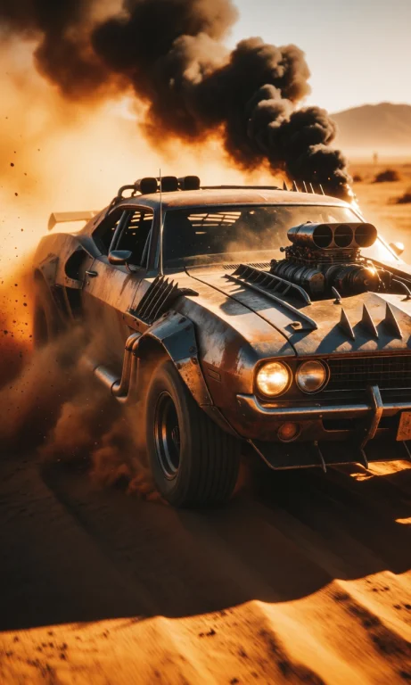 A Savage Post-apocalyptic Muscle Car Roaring Through A Blind...