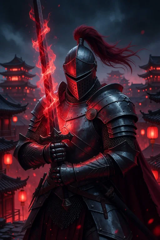 A Knight In Full Armor Holding A Sword And Striking A Red Fl...
