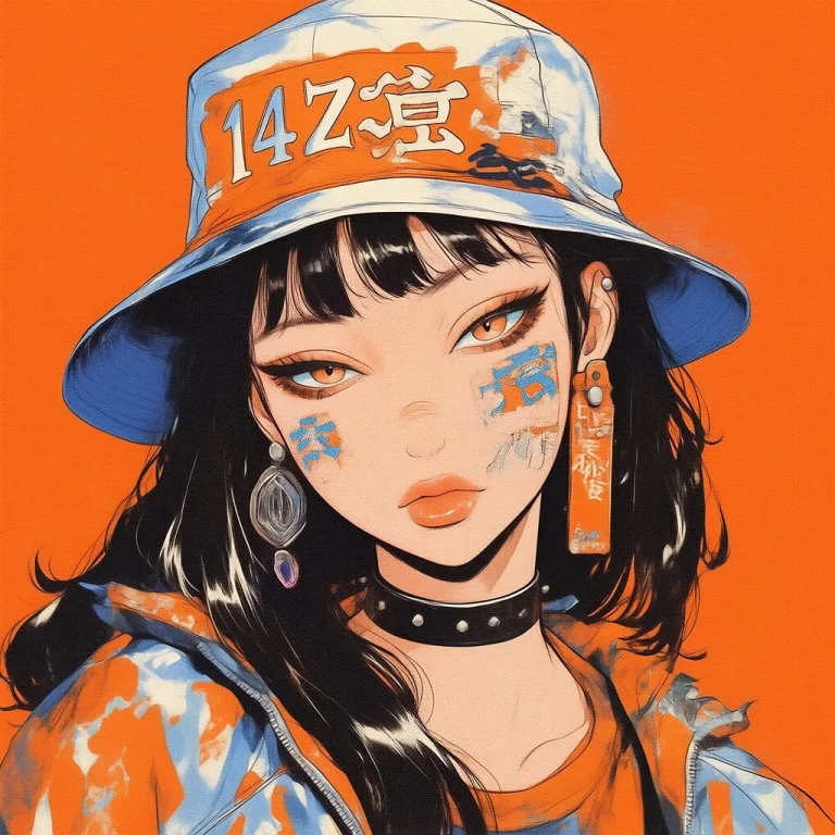 D41z3n, 1girl, Solo, Jewelry, Earrings, Hat, Orange Backgrou...