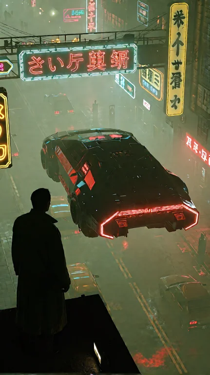 High-angle Wide Shot Overlooking A Neon-lit Urban Street At...