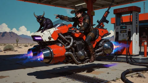 A Sci-fi Cyberpunk Artwork Shows A Woman In A Cowboy Hat And... — Stable Diffusion AI Prompt: A sci-fi cyberpunk artwork shows a woman in a cowboy hat and leather gear riding...