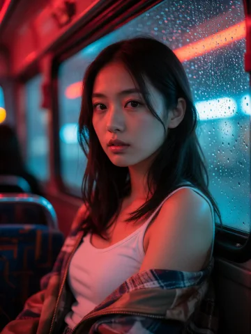 Cinematic Close-up Shot Of A Japanese Woman Dressed Casually... — Stable Diffusion AI Prompt: Cinematic close-up shot of a Japanese woman dressed casually, seated on a bus; i...