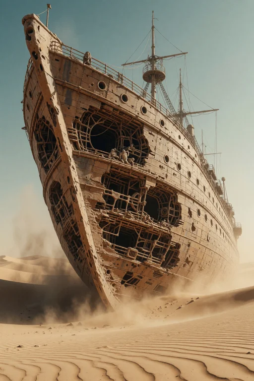 A Colossal, Ship-shaped Machine Carved From Sandstone Stands...