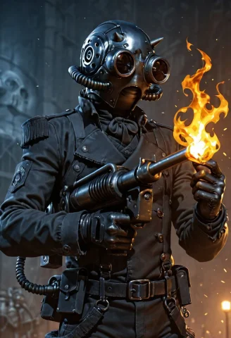 Loraghoulmask-imp-ill1 Ghoulmask, Holding A Flame Thrower — Stable Diffusion AI Prompt: ghoulmask, holding a flame thrower