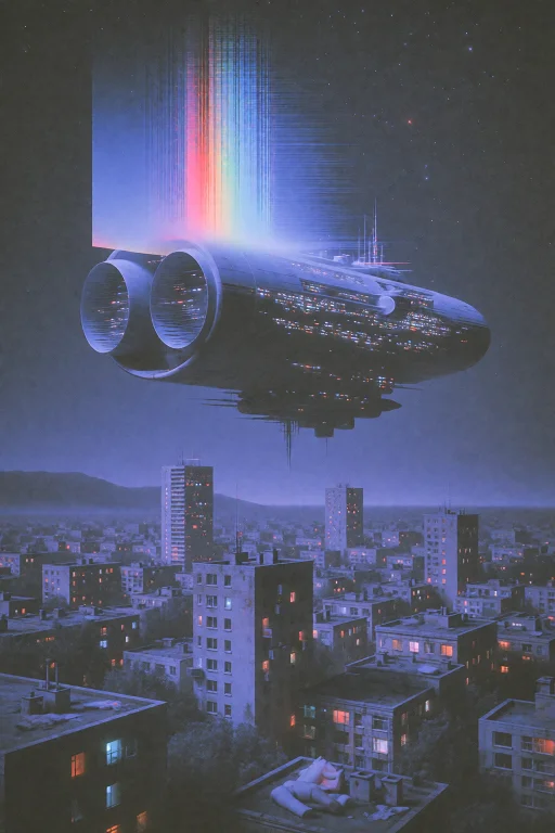 A Massive Retro-futuristic Spaceship Hovering Silently Above...