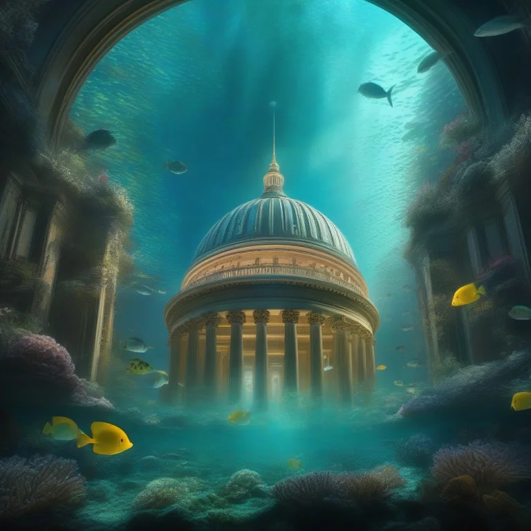 An Underwater Dome City Glowing In The Deep, Classical Paint...