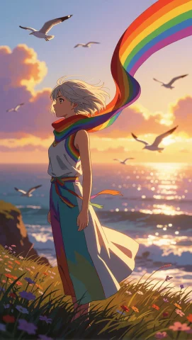 A Young Woman With Short Silver-blonde Hair Stands On A Gras... — Stable Diffusion AI Prompt: A young woman with short silver-blonde hair stands on a grassy sea cliff at gold...