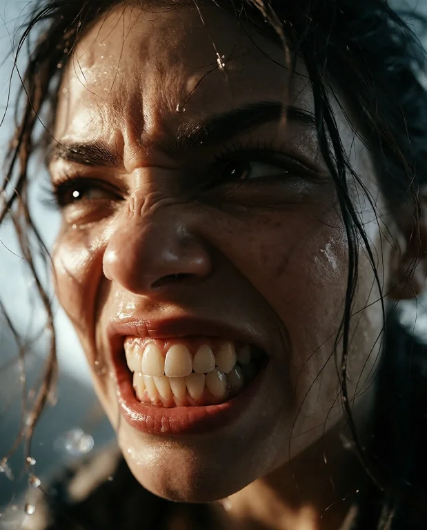 A Close-up Portrait Of A Young Woman With Intense Focus, Her...