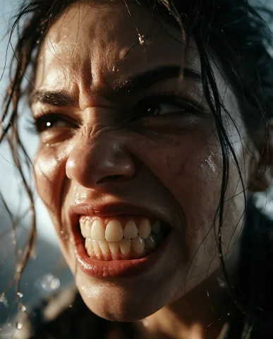 A Close-up Portrait Of A Young Woman With Intense Focus, Her... — Stable Diffusion AI Prompt: A close-up portrait of a young woman with intense focus, her teeth clenched tigh...