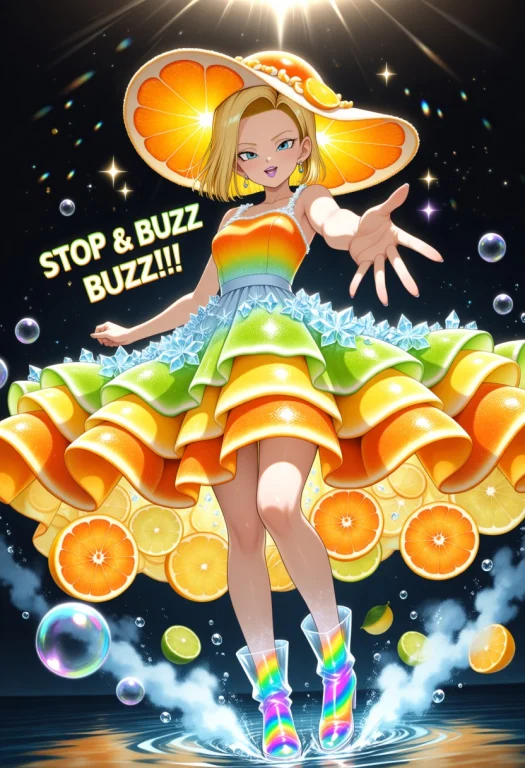 Android 18 Dragon Ball, Soft Golden Purple Lips, Cowboy-shot...