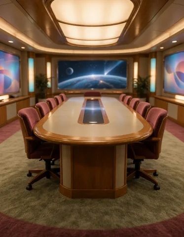 009 F3d3r4t10n Sh1p, Conference Room, Wide Establishing Shot... — Stable Diffusion AI Prompt: 009 f3d3r4t10n sh1p, conference room, wide establishing shot from end of long ov...