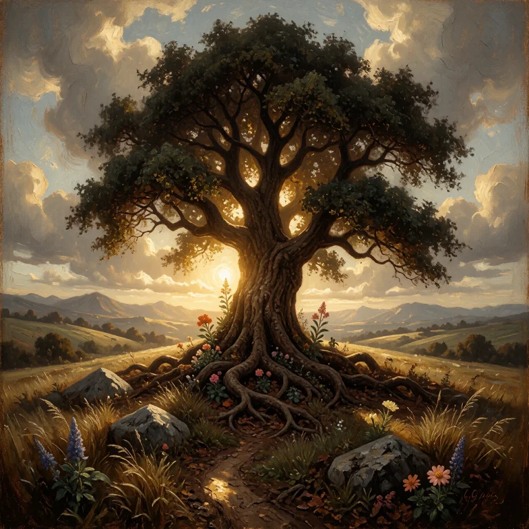 A Single Great Tree Stands Alone On A Low Hill, Centred, Its...