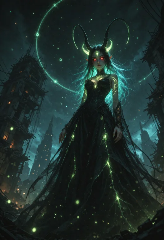 Pale Skin, Long Black Hair With Glowing Cyan Streaks, Red Ey...