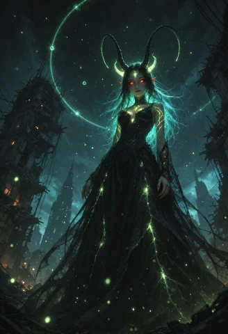 Pale Skin, Long Black Hair With Glowing Cyan Streaks, Red Ey... — Stable Diffusion AI Prompt: pale skin, long black hair with glowing cyan streaks, red eyes with glowing red...
