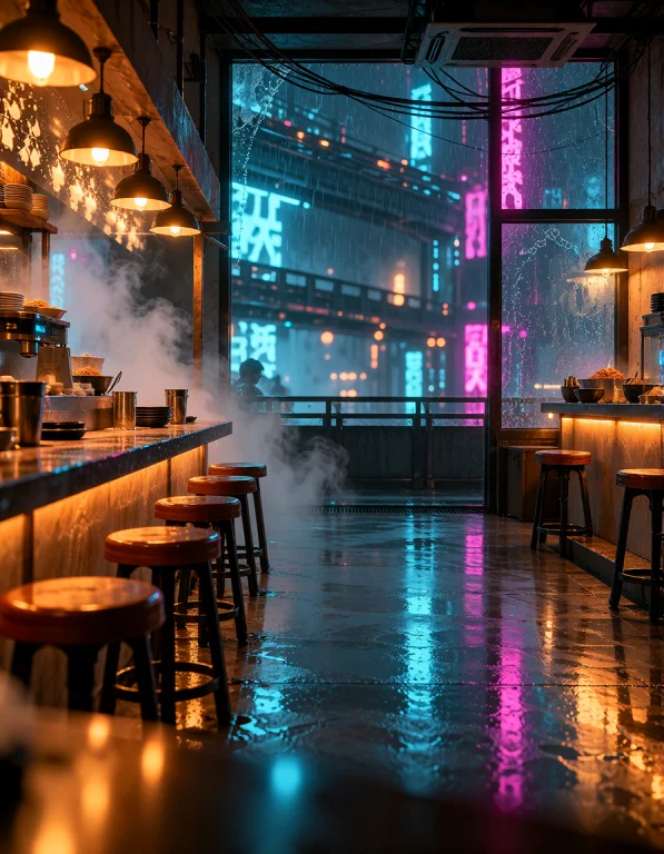 Cyb3r Qu4rt13r, Noodle Bar Viewed Diagonally From The Kitche...