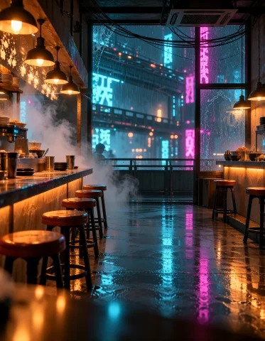Cyb3r Qu4rt13r, Noodle Bar Viewed Diagonally From The Kitche... — Stable Diffusion AI Prompt: cyb3r qu4rt13r, noodle bar viewed diagonally from the kitchen pass through risin...