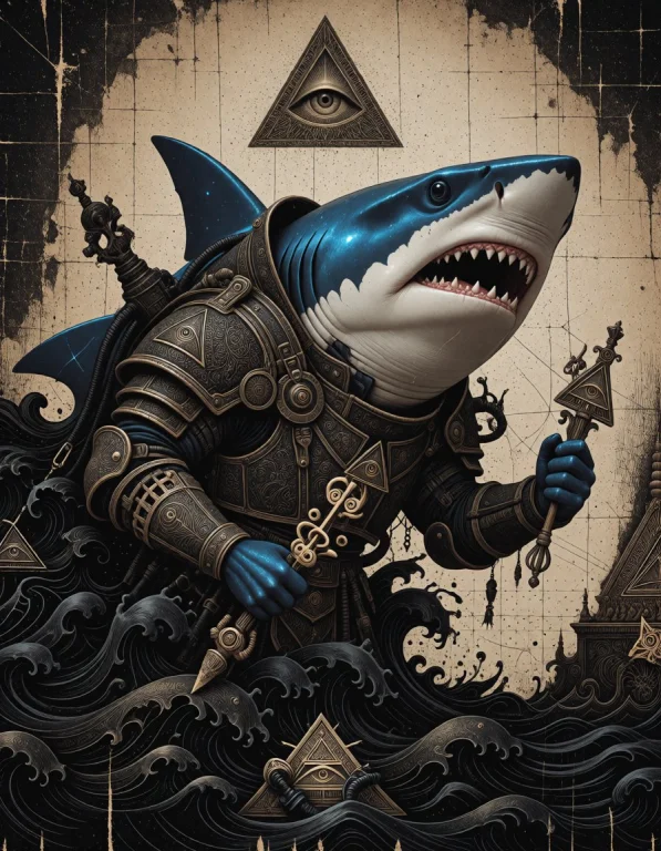 A Shark Erupting From Engraved Black Waves Beneath A Triangu...