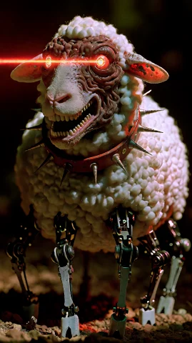 Photo Of A Robotic Evil, Grotesque Sheep, With Lasers Coming... — Stable Diffusion AI Prompt: photo of a robotic evil, grotesque sheep, with lasers coming out of its eyes. It...