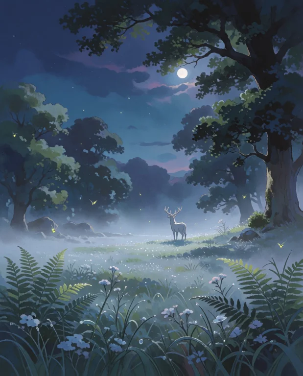 A Lone White Stag Stands At The Edge Of A Moonlit Clearing,...