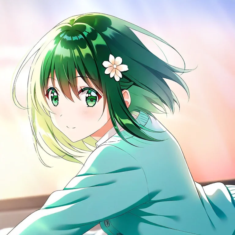 1other, Solo, Green Hair, Green Eyes, Cardigan, Hair Flower,...