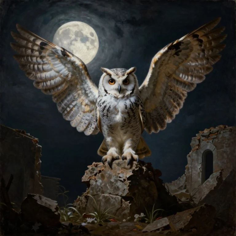 A Six-winged Owl Perched In A Moonlit Ruin, Classical Painti...