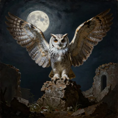 A Six-winged Owl Perched In A Moonlit Ruin, Classical Painti... — Stable Diffusion AI Prompt: a six-winged owl perched in a moonlit ruin, classical painting, rim lighting, hi...
