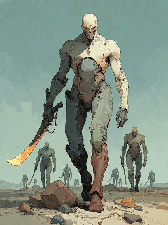 Bradhamel Art Style. A Towering, Biomechanical Humanoid Figu...