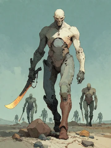 Bradhamel Art Style. A Towering, Biomechanical Humanoid Figu... — Stable Diffusion AI Prompt: Bradhamel art style. A towering, biomechanical humanoid figure with a skeletal s...