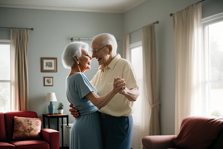 An Elderly Couple Dancing In Their Living Room, Analog Photo...