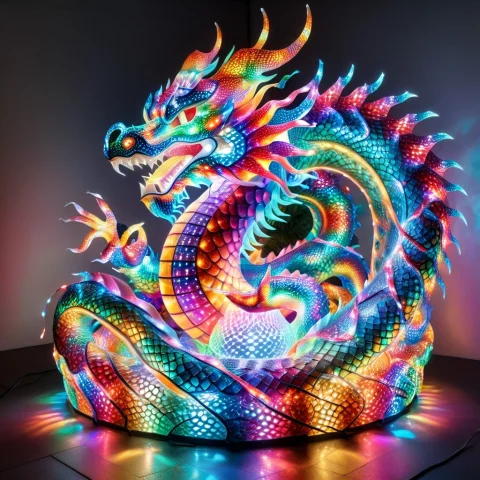 Baroque Composition, Giant Coiled Dragon Of Many Colors-gyro... — SDXL AI Prompt: baroque composition, (giant coiled dragon of many colors-gyroid,, gyroid lattice...