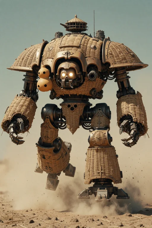 A Mechanical War Machine With Glowing Eyes Hovers In A Dusty...