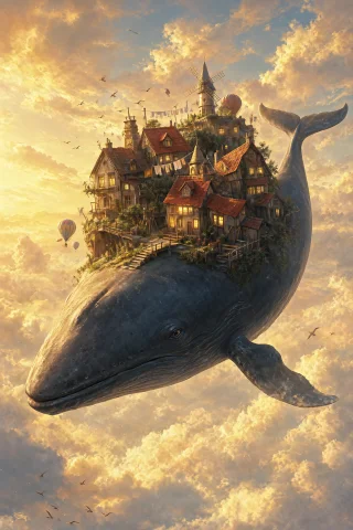 A Huge Gentle Whale Swims Slowly Through A Sky Of Golden Sun... — Stable Diffusion AI Prompt: A huge gentle whale swims slowly through a sky of golden sunset clouds, and a sm...