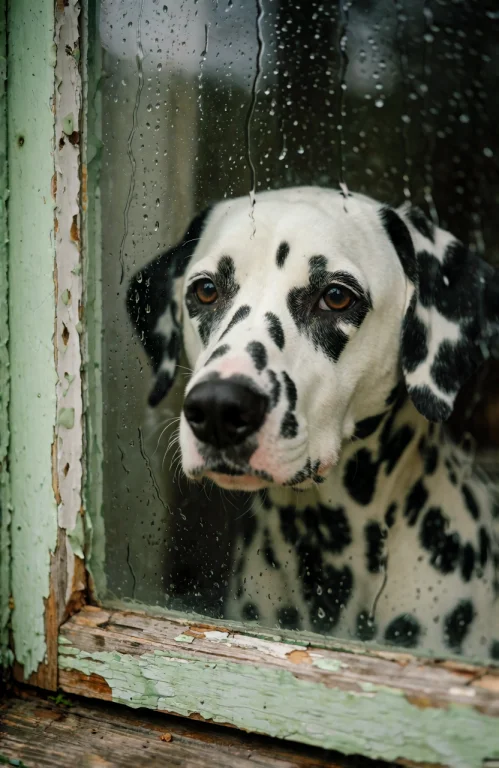 Close Up Of A Dalmatian Looking Through An Old Window With M...