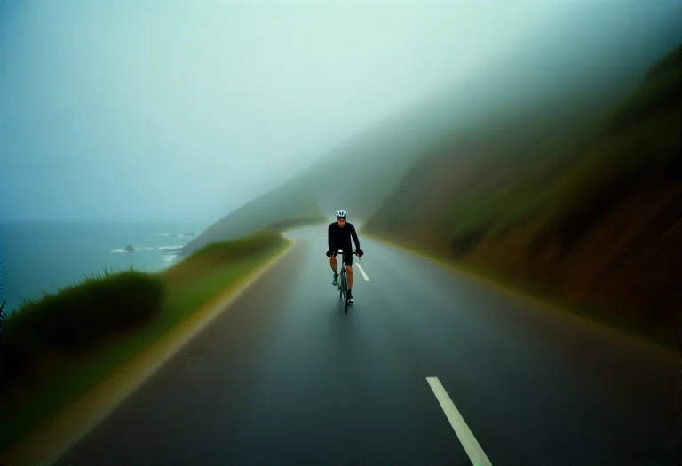 A Cyclist Coasting Down A Misty Coastal Road, Candid Photogr...