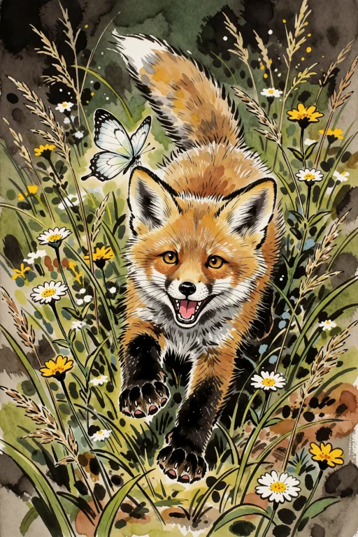 Fox Cub Bounding Through Tall Grass, Front Paws Stretched To...