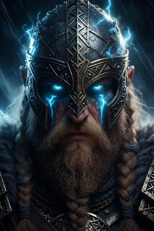 A Close-up Portrait Of A Legendary Viking Warrior, His Face...