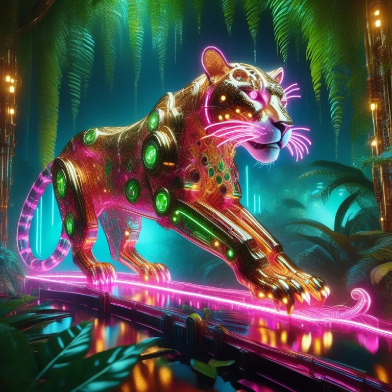 A Majestic Jaguar Made Of Golden Clockwork Gears And Translu...