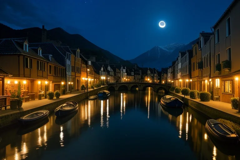 A Narrow Canal Town At Blue Hour, Analog Photo, Moonlight, U...