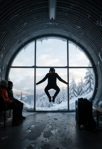 An Airborne Athlete Is Silhouetted Against A Massive Arched... — Stable Diffusion AI Prompt: An airborne athlete is silhouetted against a massive arched window inside a ribb...