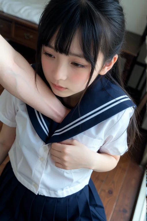 一位留着黑色齐刘海长发的年轻中国女性，身穿经典的日式水手服校...