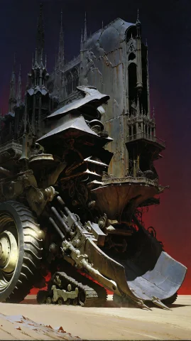 A Colossal, Ancient Mechanical Fortress, Dense With Intricat... — Stable Diffusion AI Prompt: A colossal, ancient mechanical fortress, dense with intricate Gothic architectur...