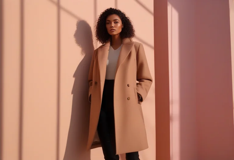 A Structured Coat Against A Pastel Studio Wall, Cinematic Ph...