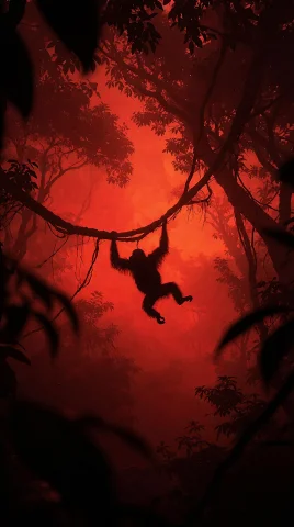A Stark, Pure Black Silhouette Of A Single Orangutan Swingin... — Stable Diffusion AI Prompt: A stark, pure black silhouette of a single orangutan swinging gracefully from a...