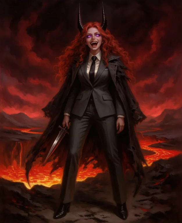 A Full-length Oil Portrait Of A Striking Red-haired Demon Gi...