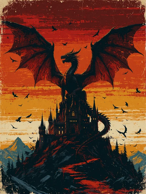 Minimalist Retro Screen Print Illustration Of A Giant Dragon...